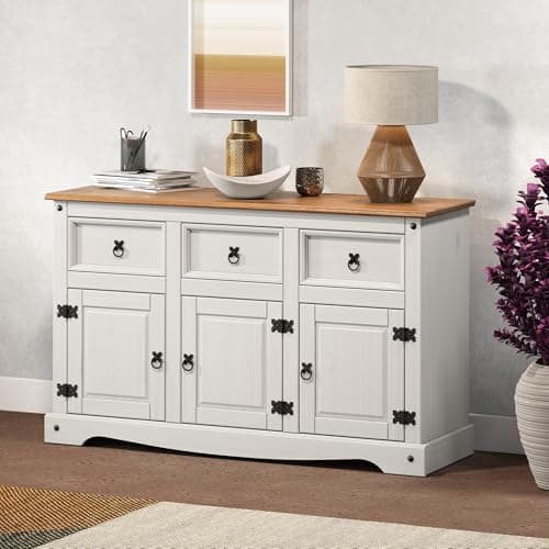 Image of Corona Sideboard White Wax 3 Door 3 Drawer Large Painted Solid Wood Pine Wooden Dresser Dining Room Lounge Living Room Hallway Unit Shabby Chic Mexican Style 76cm High 125cm Wide 40cm Deep