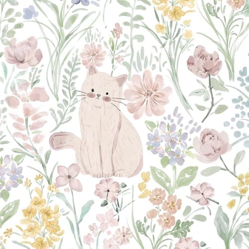 Image of Yomshi Peel and Stick Wallpaper Lovely Retro Wall Paper Roll 44 x 1000 cm Pink Cat and Floral Vinyl Wallpaper Contact Paper for Cabinet Table Wall Bedroom Upgrade Removable Easy to Install