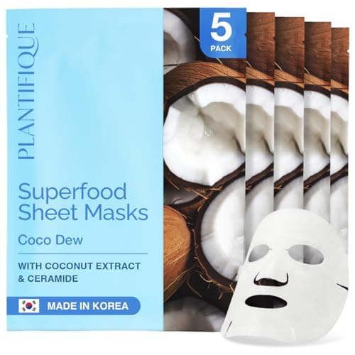 Image of PLANTIFIQUE Facial Sheet Mask Coco Dew 5 Pack – Moisturizing Face Mask with Coconut & Ceramide – Radiant Skin Nourishing Korean Skincare Pack for All Skin Types