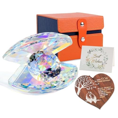 Image of Pkinmonut Crystal Shell 60th Wedding Anniversary Romantic Gifts for Grandparents 60th Diamond Wedding Anniversary Presents for Parents Couples With a Wooden Heart Plaque and a Card Keepsake Ornaments
