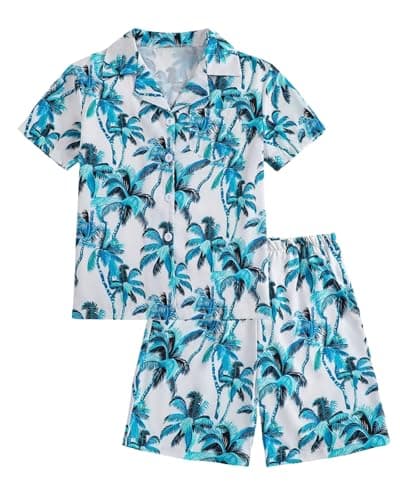 Image of Momkonzz Boys Clothes Set Kids Hawaii Shorts Button Down T shirts Coco Print for Summer Beach Vacations 7-12T (Blue, 11-12T)