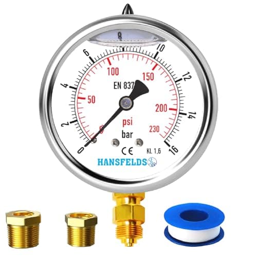 Image of Hansfelds Pressure Gauge 0–16 bar/psi, 63 mm Dial, Stainless Steel Case, Brass G1/4" BSP Bottom Connection, Liquid Filled (Glycerin Filled), Accuracy 1.6, incl. 2 Reducers to 3/8" and 1/2"