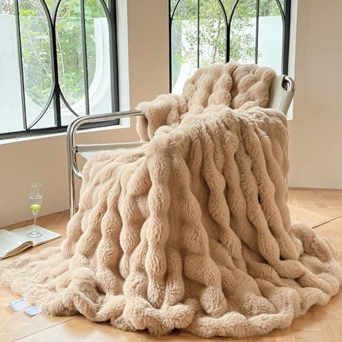 Image of DREAMLANDING Decorative Faux Fur Throw Blanket Luxury Rabbit Plush Sherpa Reversible Fuzzy Warm Cozy Fluffy Fur for Bed Sofa Couch Home Decor (Coffee, 100 x 150 cm)