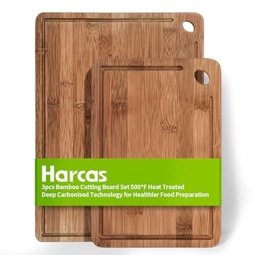 Image of 2 Piece Organic Bamboo Chopping Board Set by Harcas. 3 Sizes. Beautifully Crafted. Perfect for Serving Cheese or Antipasti, Cutting Meat, Vegetables or Fruit