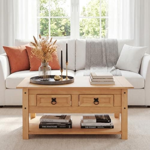 Image of Panana Corona Coffee Table 2 Drawer Mexican Solid Pine,Waxed Solid Pine Wood,Traditional,Rustic 79 x 42 x 46 cm
