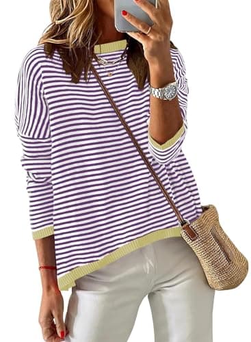 Image of Cuptacc Ladies Jumpers Striped Long Sleeve Top Women Cotton Women's Sweatshirts Stylish Ladies Shirts Purple M 12-14