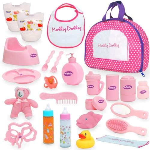 Image of Molly Dolly Baby Doll Accessories Set - Baby Accessories For Dolls - Baby Dolls Changing Bag With 25 Toy Baby Accessories Including Feeding Set
