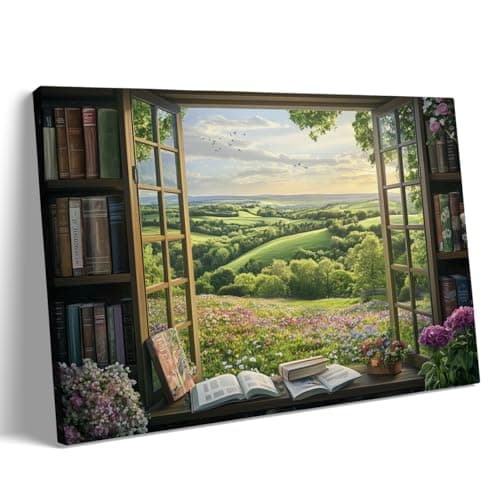 Image of Countryside Window View Canvas Wall Art, Rustic Landscape Painting, Framed Nature Print for Living Room or Reading Corner Wall Decor 60x90cm Frame