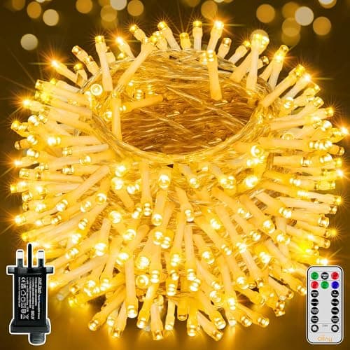 Image of Ollny Christmas Tree Lights Outdoor Indoor, 60m 600LED Fairy Lights Mains Powered, Warm White Xmas String Light Waterproof with Timer/8 Modes/Remote/Dimmable for Outside/Garden/Window Decorations