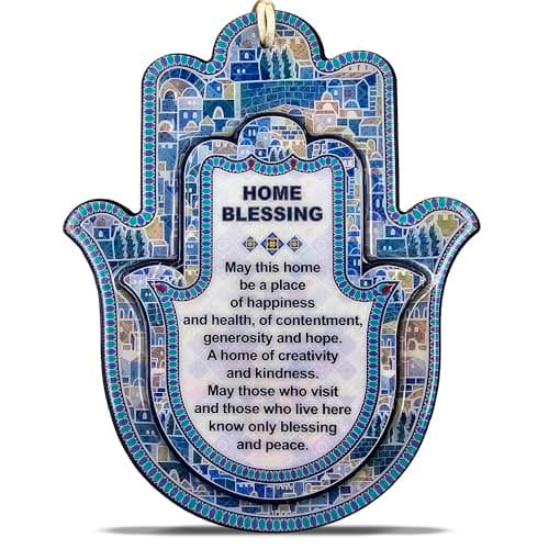 Image of Hamsa Wall Decor Home Blessing Jerusalem Blue Oriental Design Evil Eye Protection Hamsa Hand Amulet Wall Art Hanging Ornament (English Blessing)