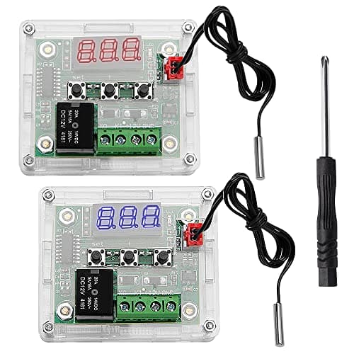 Image of VooGenzek 2 Pieces W1209 Digital Temperature Controller with Case, 12V DC Micro Digital Thermostat -50-110°C Electronic Temperature Temp Control Module Switch with Waterproof NTC Probe (Red & Blue)