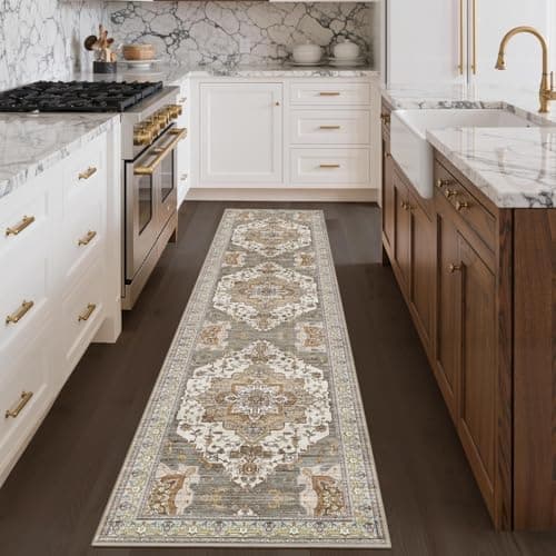 Image of GENIMO Runner Rug 80x300cm- Extra Long Non Slip Washable Hallway Carpet | Ultra Thin Vintage Boho Rug for Kitchen, Lounge, Nursery | Brick Red Indoor Runner | UK Home Decor
