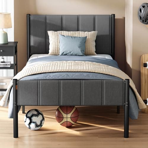 Image of VASAGLE Single Bed Frame, 90 x 190 cm, with Upholstered Headboard, Metal Bed Frame, 250 kg Weight Capacity, Easy Assembly, Slate Grey RMB971G02