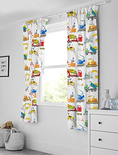 Image of Bloomsbury Mill - Kids Curtains for Boys & Girls Bedroom - Construction Diggers - Lined Curtain Pair with Tiebacks - Nursery Curtains for Childrens Baby Room - 66X72 inch drop (168x183cm)