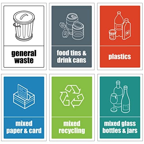 Image of Mixed Set of Recycling Bin Signs/Stickers Pack - Self Adhesive Vinyl - Pack of 6 Stickers （150mm x 100mm）