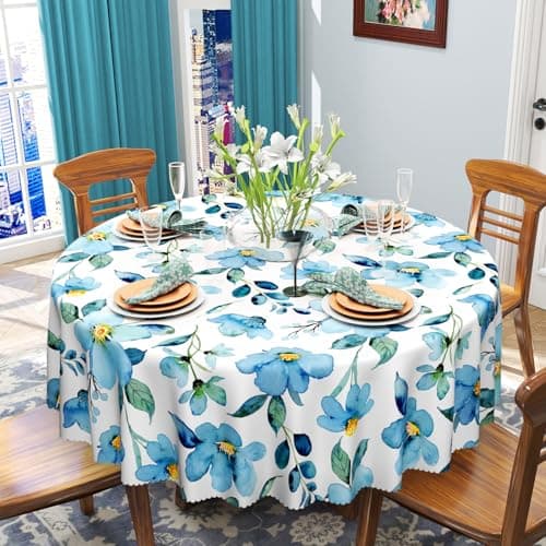 Image of iEvery Blue Flower Round Tablecloth Wipe Clean 150cm, Wipeable Floral Table Cloth Circular Waterproof Stain-Resistant Polyester Table Cover for Dinning Kitchen Patio Outdoor Home Decor