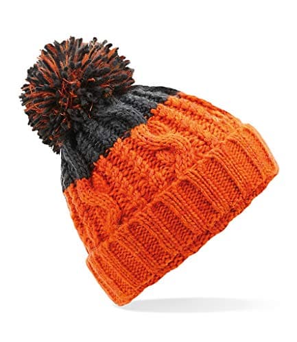 Image of ASVP Shop Corkscrew Cable Knitted Bobble Hat Plain Mens Womens Beanie Warm Winter Pom Wooly Cap (Orange/Graphite Grey)