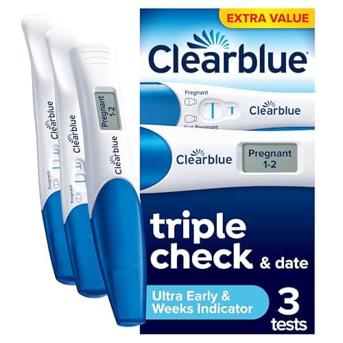 Image of Clearblue Pregnancy Test Ultra Early Triple-Check & Date Combo Pack, Results 6 Days (Visual Sticks) Tells You How Many Weeks (Digital Stick), Kit Of 3 Tests (1 Digital, 2 Visual), Packaging May Vary