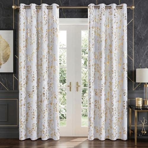 Image of PONY DANCE 100% White Gold Blackout Floral Curtains for Living Room 84 inch Drop Eyelet Curtains for Bedroom Tree Branch Foil Thermal Insulated Window Drapes, 2 Panels, 46 x 84 inch