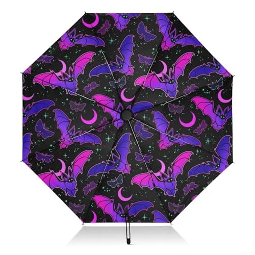 Image of ALAZA Umbrellas for Rain Sun Outdoor, Automatic Folding Umbrella Windproof Strong, Large Anti-UV Compact Umbrella Black Outside Gothic Purple Bat Gothic Travel Umbrellas for Women Men