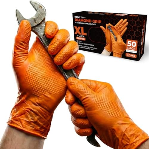 Image of PRAIMA Mechanic Gloves, Diamond Grip Orange Nitrile Disposable Gloves | Powder-Free, Latex-Free, Extra Thick & Strong Rubber Gloves for Work, Automotive, Industrial, and Cleaning Use (XL, 50, count)