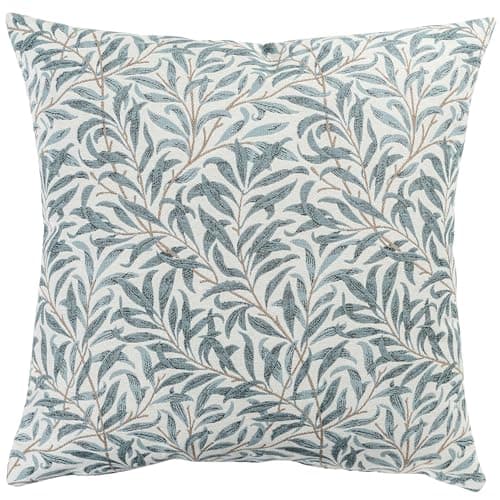 Image of Linen Loft Willow Branch Tapestry Extra-Large Cushion Cover in Duck Egg Blue. William Morris Style Botanical Leaf Print in Soft Blue. 23x23 XL Square Cover Only