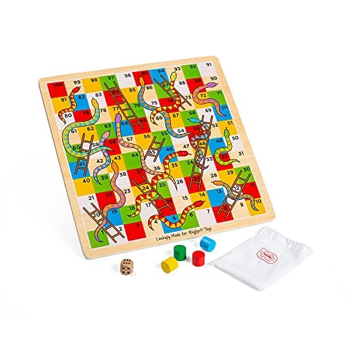 Image of Bigjigs Toys Traditional Snakes and Ladders Game | 4 Player Wooden Board With Counters & Dice | Family Toy for Kids & Adults | Educational Tool for 3+ Year Old Children | Classic