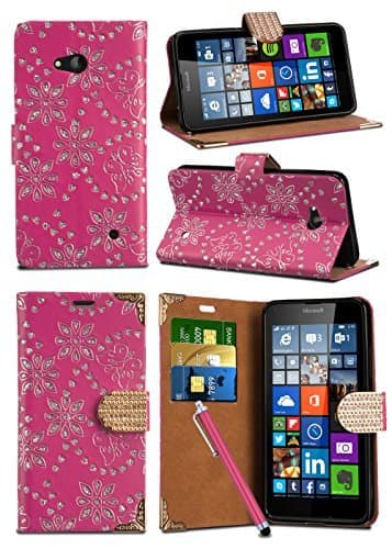 Image of Unbranded Compatible with HTC Desire 620 - Sparkle Glitter Crystal Diamond Encrusted Closure Tab Wallet Flip Case Cover with Integrated Stand with Capacitive STYLUS in HOT PINK