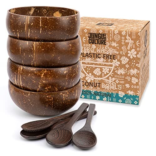 Image of Jungle Culture 4 Polished Coconut Bowl and Wooden Spoons Set • Natural Coconut Bowls & Bamboo Straws for Healthy Choice Buddha, Smoothie, Acai Bowls • Coconut Shells • Eco Friendly Vegan Gifts