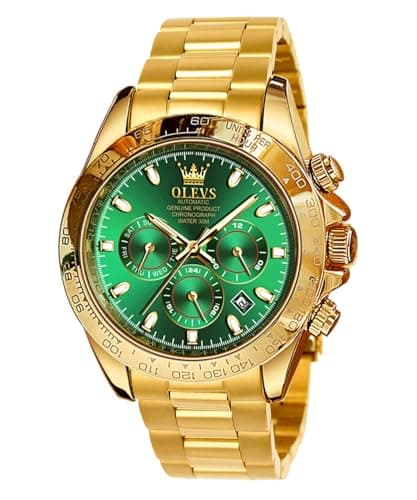 Image of OLEVS Automatic Watches for Men Gold Mechanical Self Winding Stainless Steel Multifunction Chronograph Analogue Waterproof Date Luminous Gent Wrist Watch Green Blue Dial