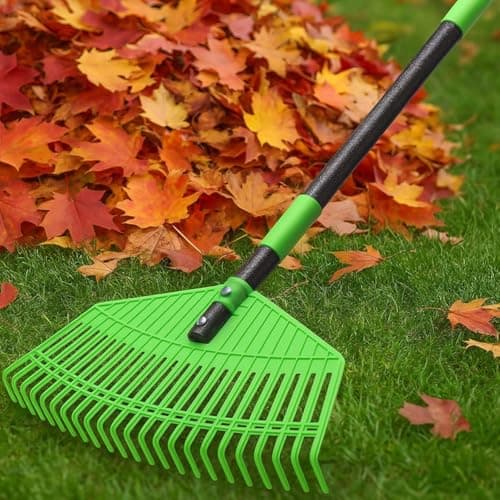 Image of Leaf Rake, 42cm Wide Garden Rake for Yard Lawn, 106 cm Adjustable Long Handle Garden Leaf Rake, 23 Tines Plastic Head Rake for Sweep Leaves, Grass, Pine Needle, Lightweight for Women Seniors Kids