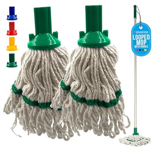Image of Commercial Mops for Cleaning Floors with Mop Handle - Looped Cotton Mop Heads with Absorbent Yarn, 120cm Heavy Duty Aluminium Handle, Floor Color Coded Hygiene Cleaning Head Pack of 2 - Green