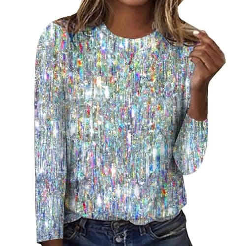Image of Long Sleeve T Shirts Women Round Neck Printing Long Sleeve Tops Spring Blouses Fashion Casual Loose Tee Shirts Pullover Basic T-Shirt Tops Ladies Dressy Shirt Going Out Tops Shirts Tunics Light Blue
