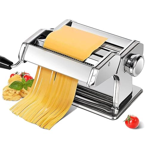 Image of Stainless Steel Pasta Maker Machine - 9 Thickness Setting Ravioli Cutters | Manual Homemade Pasta Roller and Cutter Machine | Dual Width Noodle Maker for Pasta, Spaghetti, Fettuccine, Lasagna