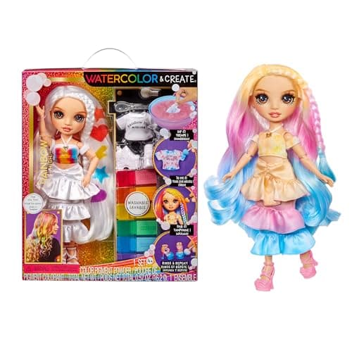 Image of Rainbow High Watercolour & Create DIY Fashion Doll with Washable Watercolours and Tie-Dye Kit - Brown Eyes, Curled Hair, Extra Top & Shoes - Colour, Create, Play, Rinse and Repeat - Kids 4-12+ Years