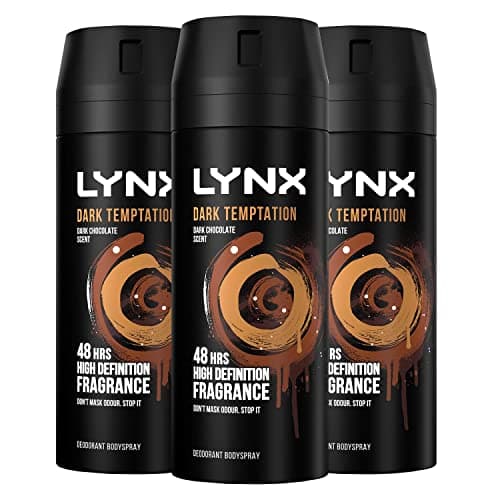Image of Lynx Men Dark Temptation Deodorant Body Spray for 48 hours of odour-busting, high definition fragrance with a smooth dark chocolate scent 150 ml, Pack of 3