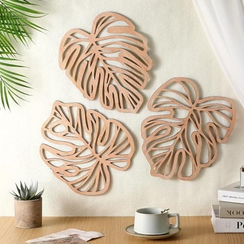 Image of Palm Leaves Wood Wall Decor, 3Pcs Tropical Wall Art Jungle Decor, Wooden Natural Leaves Plant Wall Decor, Vintage Tropical Plant Plaque for Home Living Room Kitchen Bedroom Bathroom & Garden, Light