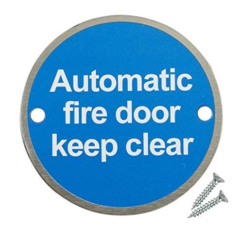 Image of Fire Door Guru® Pack of 10 Automatic Fire Door Keep Clear Sign - 76mm Disc - Stainless Steel Safety Sign - Fixings Included