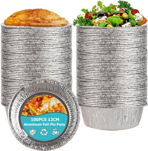 Image of LATERN 100Pcs Foil Pie Dishes, 12CM Aluminium Round Foil Pans Disposable Foils Baking Trays Small Pie Tins Pot for Pukka and Shepherds Pies, Steak and Pot Pies, Quiche, Pastries and Cake