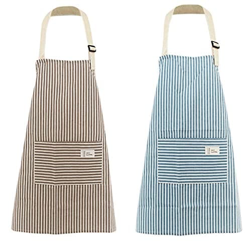 Image of Coyanyu Woman Apron with Pockets, 2 Pieces Blue and Coffee Stripe Adjustable Cotton Linen Kitchen Chef Bib Apron for Cooking, BBQ, Baking, Gardening, Household Cleaning, Restaurant