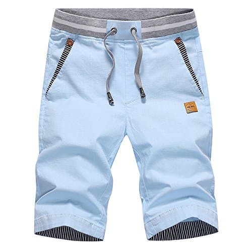 Image of ZOXOZ Mens Shorts Summer Casual Shorts Cotton with Pockets Elastic Waist Drawstring Sky Blue L