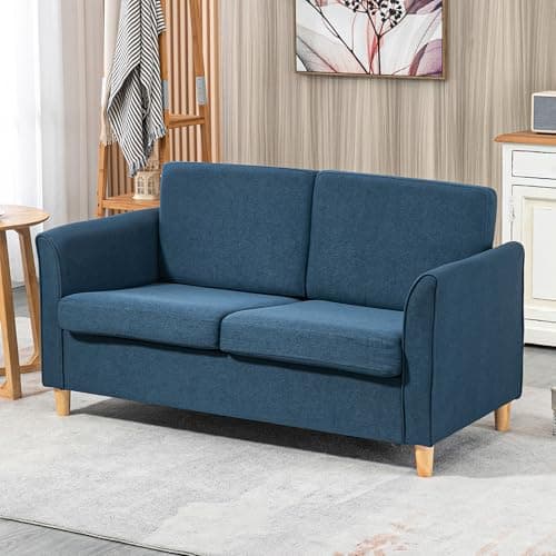 Image of HOMCOM 2 Seater Sofa, Compact Loveseat, Linen Upholstered Couch with Wood Legs and Armrest, Small Sofa for Living Room and Home Office Blue