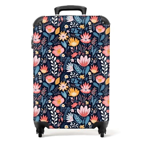 Image of NoBoringSuitcases.com® Cabin Suitcase for Women and Men - Luggage with Wheels - Floral Motif - Pink Orange - Carry-Ons 55x40x20cm - Lightweight Suitcase - Hard Shell Trolley - 20 Inch - 10kg