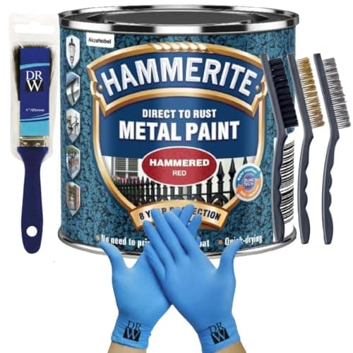 Image of DRW Hammerite Direct to Rust Metal Paint Hammered Red 250ml 1" Paint Brush, 3 Wire Brush Set & Free Nitrile Gloves | Durable Rust Protection for Indoor & Outdoor Metal