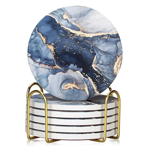 Image of 6 Pcs Navy Blue Marble Abstract Ceramic Coasters with Holder Best Absorbent Drink Coasters Round Ceramic Table Coasters Set Decorative Coffee Cup Beverage Coasters Wine Beer Bar Coasters