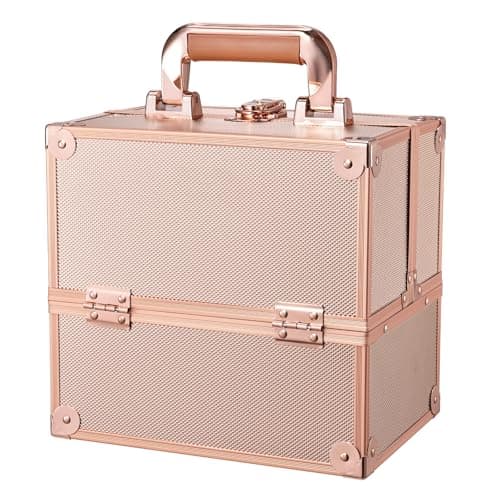 Image of Frenessa Makeup Box Cosmetics Case Jewelry Organiser Vanity Make Up Storage Box Beauty Train Case Lockable with Keys (Rose Gold)