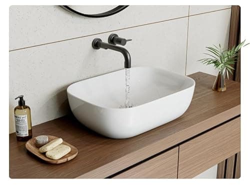 Image of HOROW 460x330mm Countertop Bathroom Sink, White Ceramic Vessel Basin with Slim Edge, Ideal Space-Saving Wash Bowl for Cloakrooms and Small Bathrooms, Nano-Sealed Finish, 46x33 cm