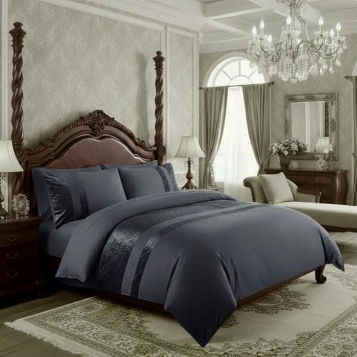 Image of Casabella Luxury Crushed Velvet Panel Band Duvet Cover Sets with Pillow Case Super King Duvet Cover Bedding Set – Color Grey Crush Velvet Super King Duvet Cover Sets