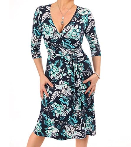 Image of Blue Banana Women's 3/4 Sleeve Knee Length Printed Wrap Dress - Navy and Turquoise Size 16
