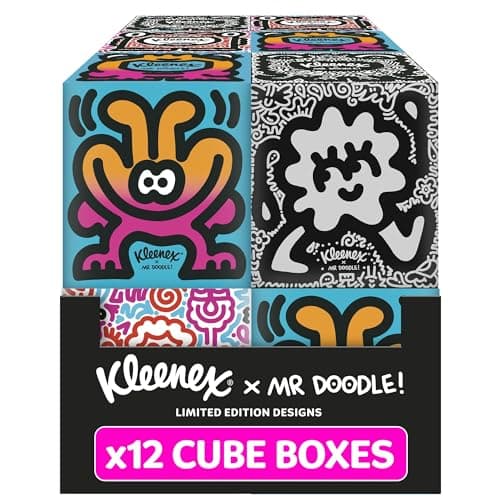 Image of Kleenex x Mr Doodle Limited Edition Design Multipack Facial Tissues - 12 Cube Tissue Boxes, Designed in Collaboration with Mr Doodle, Made to Look Beautiful in The Home.
